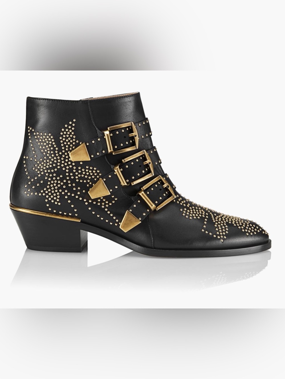 Chloé Susanna Black Studded Leather Ankle Boots Buckle Moto EU 39